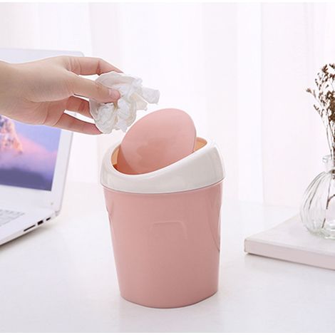 Corbeille à papiers de bureau multifonctionnelle plastique avec couvercle pivotant rose Mini trash can poubelle de table Petit design ventilé lèvre Home office - Matière plastique premium 120g compact (1/5)