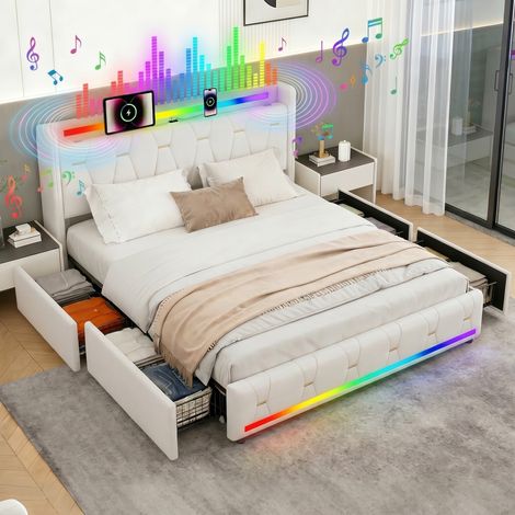 XMETPR Lit Capitonné Moderne 160x200 Bluetooth, Bande LED, Station de Charge USB, 4 Tiroirs de Rangement, Silencieux, Facile à Installer Tête de lit Beige (1/5)