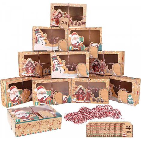 Lot de 24 boîtes cadeaux de Noël en papier kraft avec fenêtre et ficelle, pour emballer des cadeaux, des bonbons, des chocolats, des biscuits et des aliments pour la décoration de Noël (22 x 15 x 7 cm (1/5)