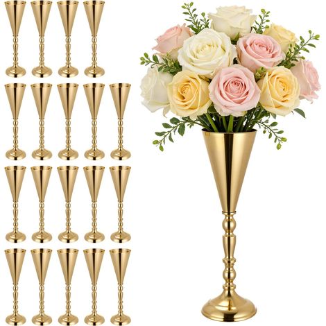 Vase de Mariage Métal Lot de 20 Vase de Centre de Table Hauteur 43 cm Support pour Compositions Florales, Banquets de Fêtes, Décoration Intérieure, Forme Trompette, Finition Galvanisée Dorée (1/5)