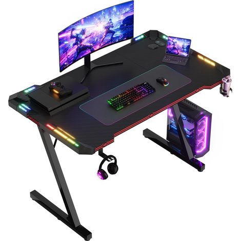 Bureau Gaming RGB 120x60cm, Carbone Anti-Rayures, LED, Noir (1/5)