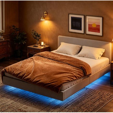 Lit double adulte 140x190 cm tissu aspect lin et métal beige LED RGB stable sans matelas – MEUBLIV (1/5)