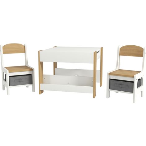 3-teiliges Kindertischset mit Stühlen, wendbarer Kreidetafel-Tischplatte, Aufbewahrungskorb und Regalen