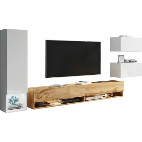 Ensemble de salon Sarasota 124, Blanc + Blanc brillant + Chêne wotan