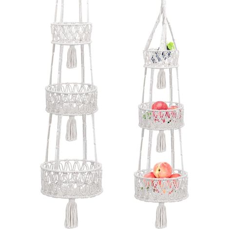 Cestino sospeso a tre livelli per frutta, cestino sospeso per la cucina, cestino portaoggetti in stile boho per frutta, verdura, pane, piante, H 110 cm (1/5)