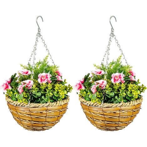 Trintion Set of 2 Artificial Lavender Flowers Hanging Plants With Basket Faux Silk Flowers For Outdoor & Indoor Decor For Patio Balcony Porch Decoration Decorative Baskets (Pink) (1/5)