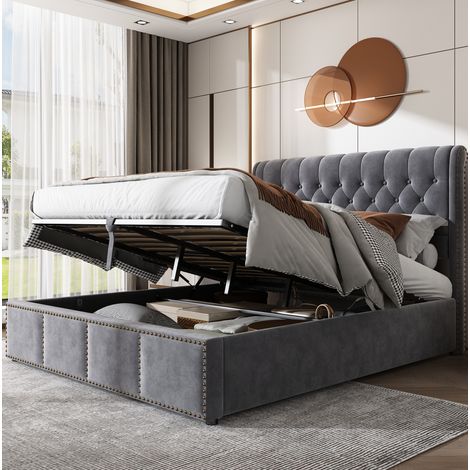 Cama tapizada 140x200 cm de terciopelo gris, con cabecero alto y arcón de almacenamiento (1/5)