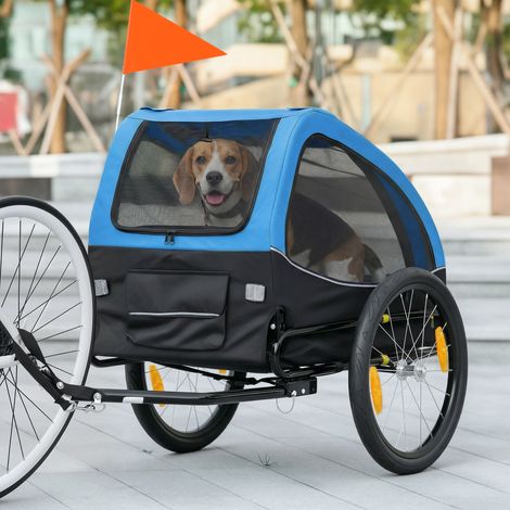 Remolque plegable para perros con reflectores, ventana de malla, ruedas, puerta y bandera de seguridad para perros de hasta 20 kg, 138x70x89 cm, azul.