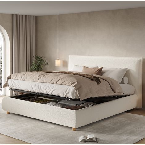 Lit coffre 2 places 180x200 cm bouclé blanc hydraulique avec sommier à lattes sans matelas - CHICFURN (1/5)