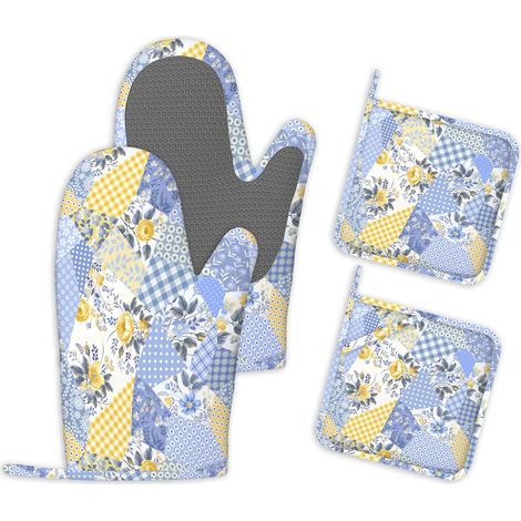 Lot de 4 Gants et Maniques de Cuisine à Motifs Floraux et Géométriques Gants et Maniques en Silicone Antidérapants Résistants à La Chaleur pour Barbecue Cuisson Grillades Pâtisserie et Micro Ondes (1/5)