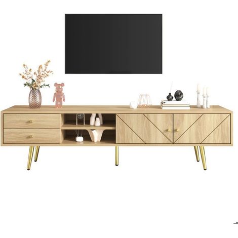 Meuble TV - SOGEU - 160 cm - 2 tiroirs - Portes rainurées - Pieds métal doré (1/5)