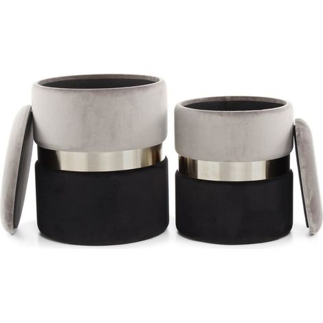 Set 2 Pouf Contenitore Zora in Velluto Grigio e Acciaio (1/3)