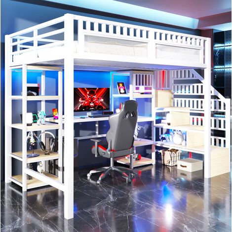Lit mezzanine adulte 140x200 bureau metal blanc LED HAVRYA (1/5)