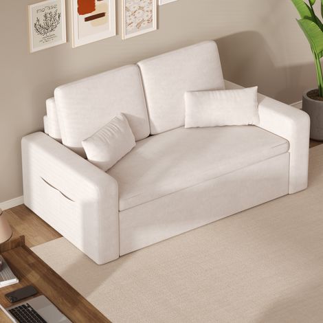 Bealife Sofas Schlafsofas 2-Personen mit 2 Kissen, 2 Seitentaschen, Sessel- und Liegefunktion, klappbaren Rädern, Maßen 147 x 82 x 87 cm, Beige