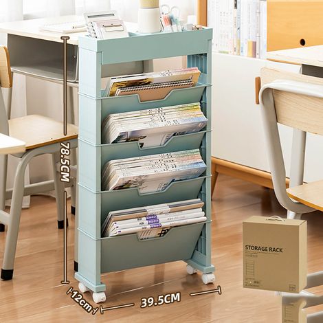 Mehrstufiger Bücherorganizer für Klassenzimmer, mobile Aufbewahrungsbox in Wagenform für Schlafzimmer, Schreibtisch-Bücherregal für Wohnzimmer, blau mit Rollen, tragbare Geschenkbox. (1/5)