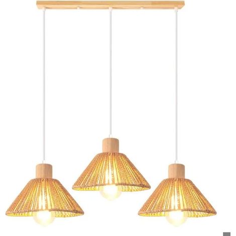 3lampes Suspension Luminaire Industriel,22cm Rétro Lampe Plafonnier en Rotin et Bois E27 Luminaire Vintage pour Salon Chambre (1/5)