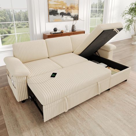 Canapé d'Angle Convertible 3 Places en Velours Côtelé avec Méridienne Réversible, Rangement, Dossier Réglable, USB-C - Beige (1/5)
