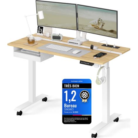 Bureau Électrique Réglable en Hauteur, Bureau Assis-debout, Multiprise, Tiroir, 60 x 120 cm, Réglable en Continu, Fonction Mémoire de 4 Hauteurs, Couleur Chêne Naturel et Blanc Nuage (1/5)