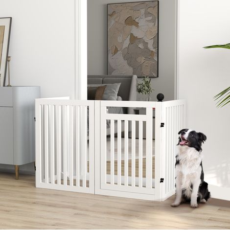 Barrière pour chien pliable 4 panneaux avec porte et pieds de soutien, 240 x 81 cm, MDF blanc, freestanding, sans perçage - CHICFURN (1/5)