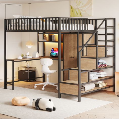 Hochbett Bettgestell 140x200 mit Schreibtisch Metall OKMYHOME (1/5)