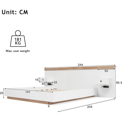 Lit double complet 140x200 cm avec 2 tables de chevet LED & USB-C + banc de lit 145x38 cm, espace de rangement hydraulique, lit en chêne Sonoma/blanc + banc avec aspect velours côtelé beige (sans mate