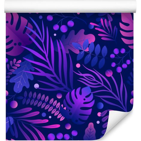 Papel pintado de hojas tropicales en azul y morado para salón y dormitorio, 50x1000 cm. (1/5)