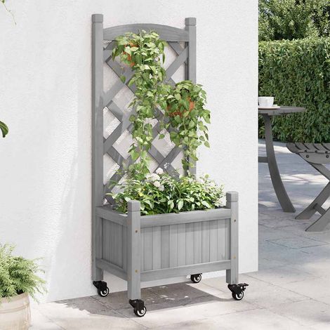 Jardinière avec treillis et roues gris bois massif de sapin (1/5)