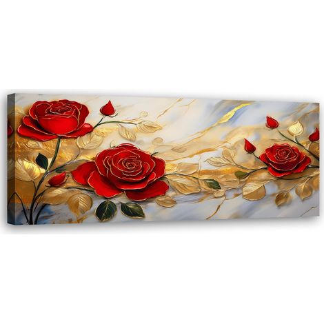 Tableau déco Roses Fleurs d'or Fond marbré 90x30 (1/5)