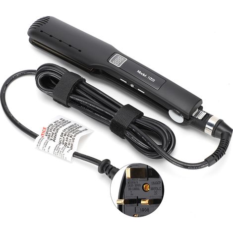 Lisseur électrique à cheveux noir, fer plat avec bande silicone, LCD affichage, lissage et bouclage, prise UK (1/5)