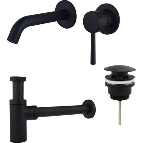 Fortifura Calvi Slim Kit mitigeur lavabo - robinet encastrable - bonde clic clac - siphon design - Noir mat