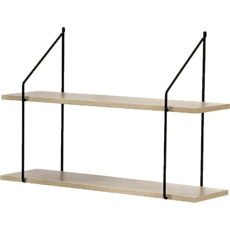 Calicosy – Étagère murale 2 niveaux décor bois 60 cm – Supports métal noir – Installation facile – Pour salon, chambre, couloir