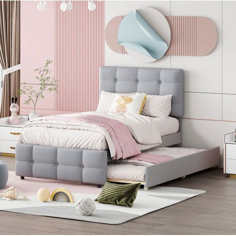 Cama infantil 90 x 200 cm con cama nido, cabecero regulable, lino gris y beige HAVRYA (1/5)
