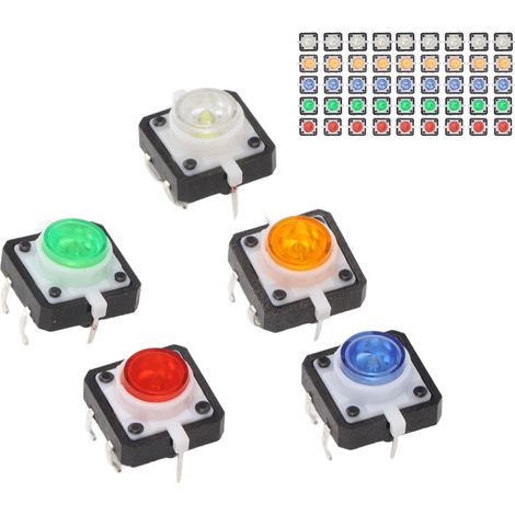 50 Mini-LED-Berührungsschalter, 12 V DC, kurzzeitig rückstellbare Drucktaster, 5 Farben (Rot, Gelb, Blau, Grün, Weiß), 50er-Packung (1/5)