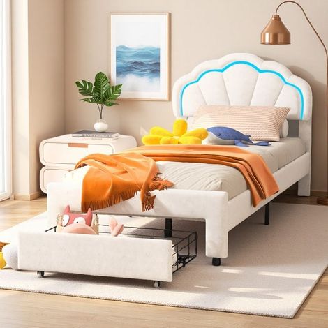 Cama Niño 90x200 Blanco - Cajón de Almacenamiento - LED RGB - Seguridad Infantil - Diseño Contemporáneo