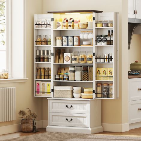 Hohes Küchen-Sideboard, Küchenschrank, LED-Sensorbeleuchtung, 2 Türen, verstellbare Schubladen und Einlegeböden, 76 x 39,5 x 183 cm, weiß