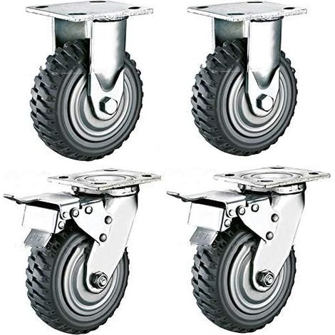 Lot de 4 roulettes pivotantes pour charges lourdes - 200 mm - Avec frein rotatif à 360 ° - En caoutchouc plein - Pneumatiques - Charge 1000 kg - (2 roulettes fixes + 2 roulettes de freinage) (1/5)