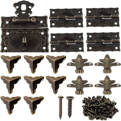 1 pc Antique Decorative Box Latch, 8 pcs Decorative Corner Protector Cover, 4 pcs Metal Hinge, 4 pcs Decorative Corner Feet for Bronze Wooden Jewelry Box (1/5)