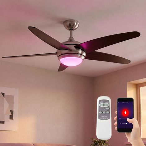 Ventilateur de plafond ventilateur refroidisseur de pièce ventilateur de salon, marron argent, télécommande intelligente LED RGB dimmable 3 vitesses, 1x 5W 470Lm 2700-6400K, D 132 cm (1/5)