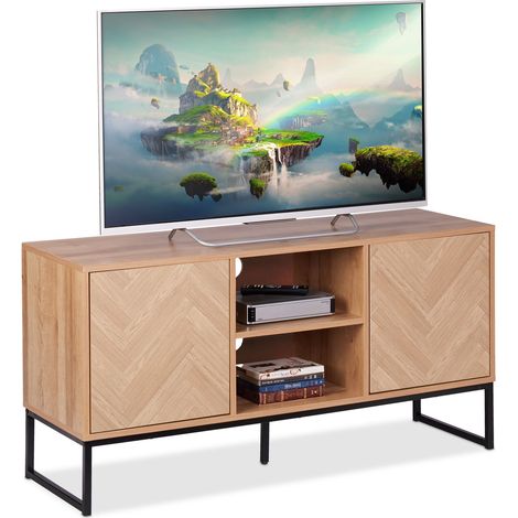 Relaxdays Mobile TV Soggiorno, HLP: 60x120x38 cm, Mobiletto Basso Porta Televisore da Salotto, Industriale, Legno Chiaro