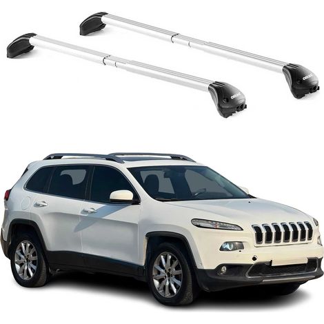 OMAC Barres de toit transversales certifiées TÜV pour Jeep Cherokee KL 2014-2023 – Verrouillables (4 antivols) – Charge max 100 kg – Sangle inox + protection caoutchouc Argent (1/4)
