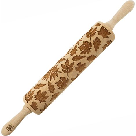 Mattarello in legno MoodForWood, inciso, 43 cm con manici, perfetto per la cottura al forno - Motivo foglie autunnali (1/5)