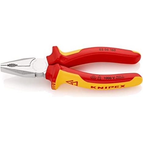 KNIPEX 03 06 160 Pinza universale isolati con manici rivestiti in materiale bicomponente, collaudati VDE cromata 160 mm