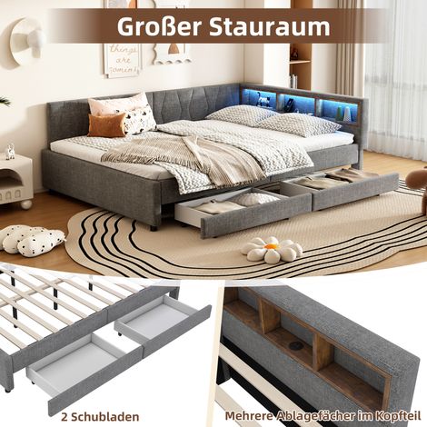 Canapé-lit 140x200 cm avec rangement latéral, ports USB et Type-C, bandeau LED, deux tiroirs, sommier à lattes (sans matelas), lin gris, lit convertible à coffre (1/5)
