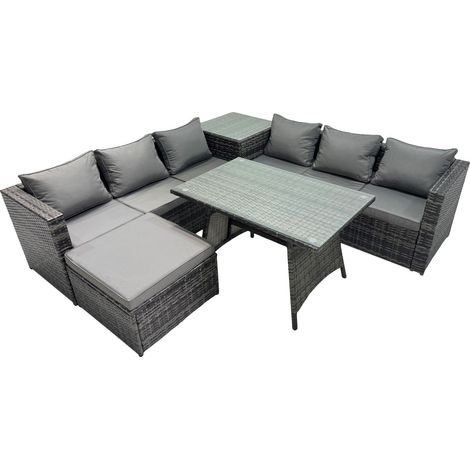 Fimous Outdoor Corner Sofa Dining Table Set Garden Rattan Furniture Set 7 Seater with Side Table Big Stool Dark Grey (1/5)