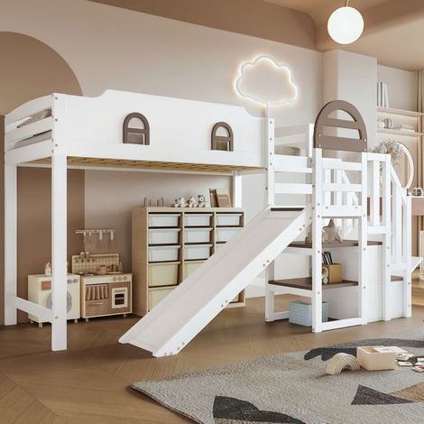 Lit superposé - SINGULARITY - 90x200cm - toboggan - escalier avec rampe - 2 casiers - Blanc (1/5)