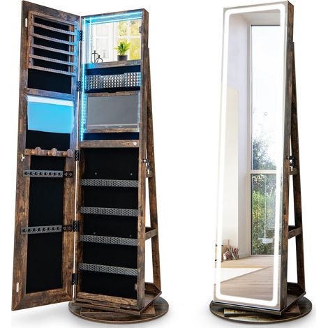 COSTWAY Schmuckschrank mit Spiegel, Schmuck Spiegelschrank mit verstellbaren LED-Leuchten, abschließbar, 360° drehbare Basis & großer Stauraum (1/5)