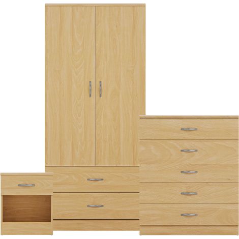 Riano 3 Piece Bedroom Set (1 Drw Bedside Chest, 5 Drw Chest, 2 Door 2 Drw Wardrobe), Pine (1/3)