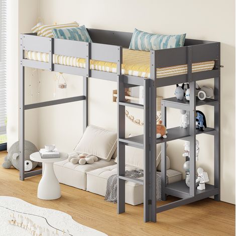 Lit mezzanine 90 x 200 cm avec étagère, cadre en bois gris, pour enfants et adolescents, REDOM (1/5)