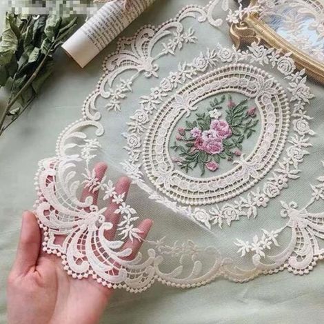 Lot de 2 sets de table dentelle rétro, napperons crochet français, dessous de plat brodé main beige 30 x 40 cm (1/5)