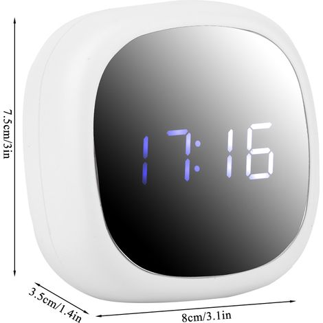 Réveil LED multifonctionnel avec miroir de bureau et fonction silencieuse, blanc, idéal pour la chambre à coucher. (1/5)